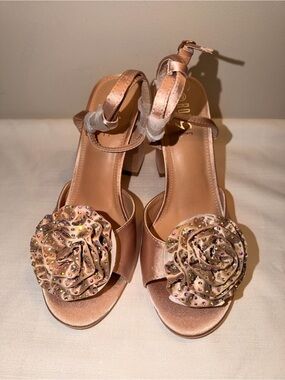 Women's Rose Gold Satin Block Heel Sandals with Floral Embellishment